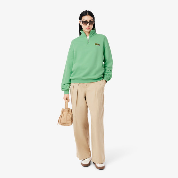 Loose Fit Zip Neck Badge Accent Sweatshirt